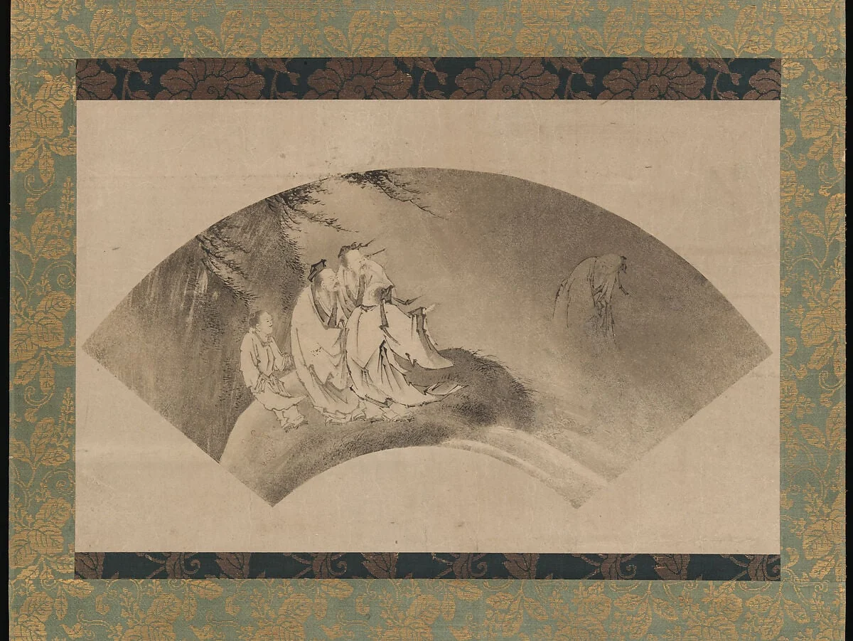 列子御風図扇面 (Resshi gyofū zu senmen)|The Daoist Immortal Liezi Flying on a Cloud, detail