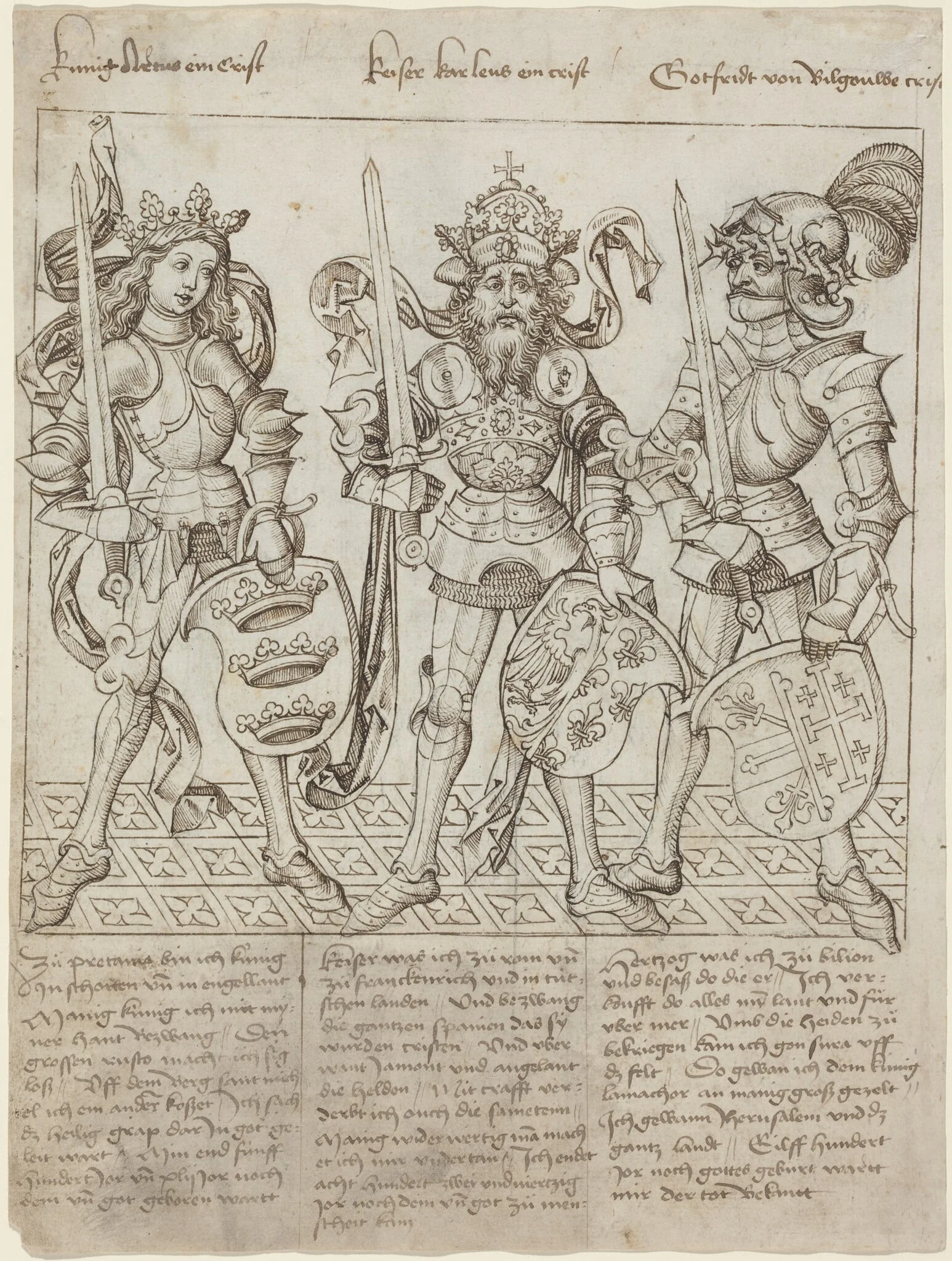 King Arthur, Charlemagne and Godfrey of Boulogne, detail