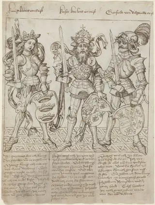 King Arthur, Charlemagne and Godfrey of Boulogne, by Primary Master of the Strassburg Chronicle, ink, 1492