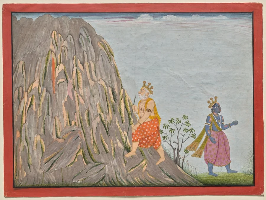 King Muchukunda Enters the Realm of Mount Gandhamadana to Attain Salvation, from the “Fifth Basohli Bhagavata Purana”, detail