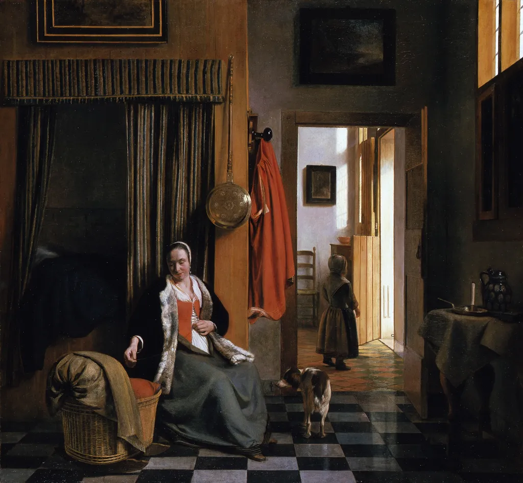 Mother Lacing Her Bodice beside a Cradle, by Pieter de Hooch, oil, 1661