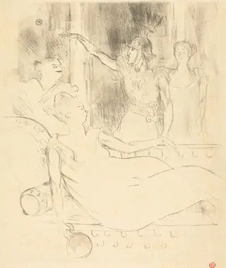Mme. Simon-Girard, Brasseur, and Guy in "La belle Helene" (Mme. Simon-Girard, Brasseur et Guy dans "La belle Hélène"), by Henri de Toulouse-Lautrec, ink, 1895