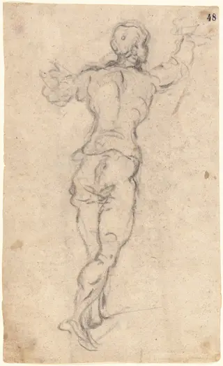 A Striding Youth with His Arms Raised, Seen from Behind, by Jacopo Tintoretto, charcoal, 1579