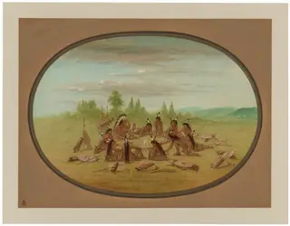 A Foot War Party in Council - Mandan, by George Catlin, oil, 1865