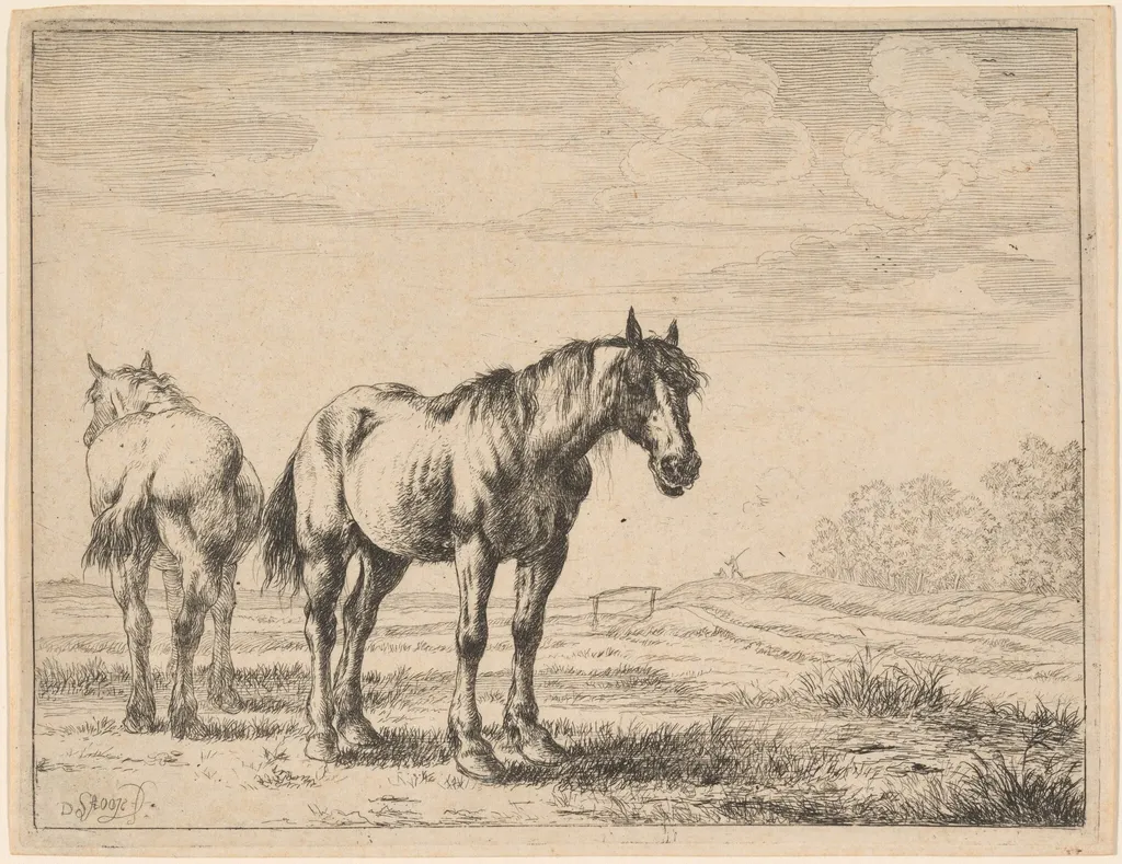 Two Plow Horses Standing in a Field, by Dirck Stoop, ink, 1651