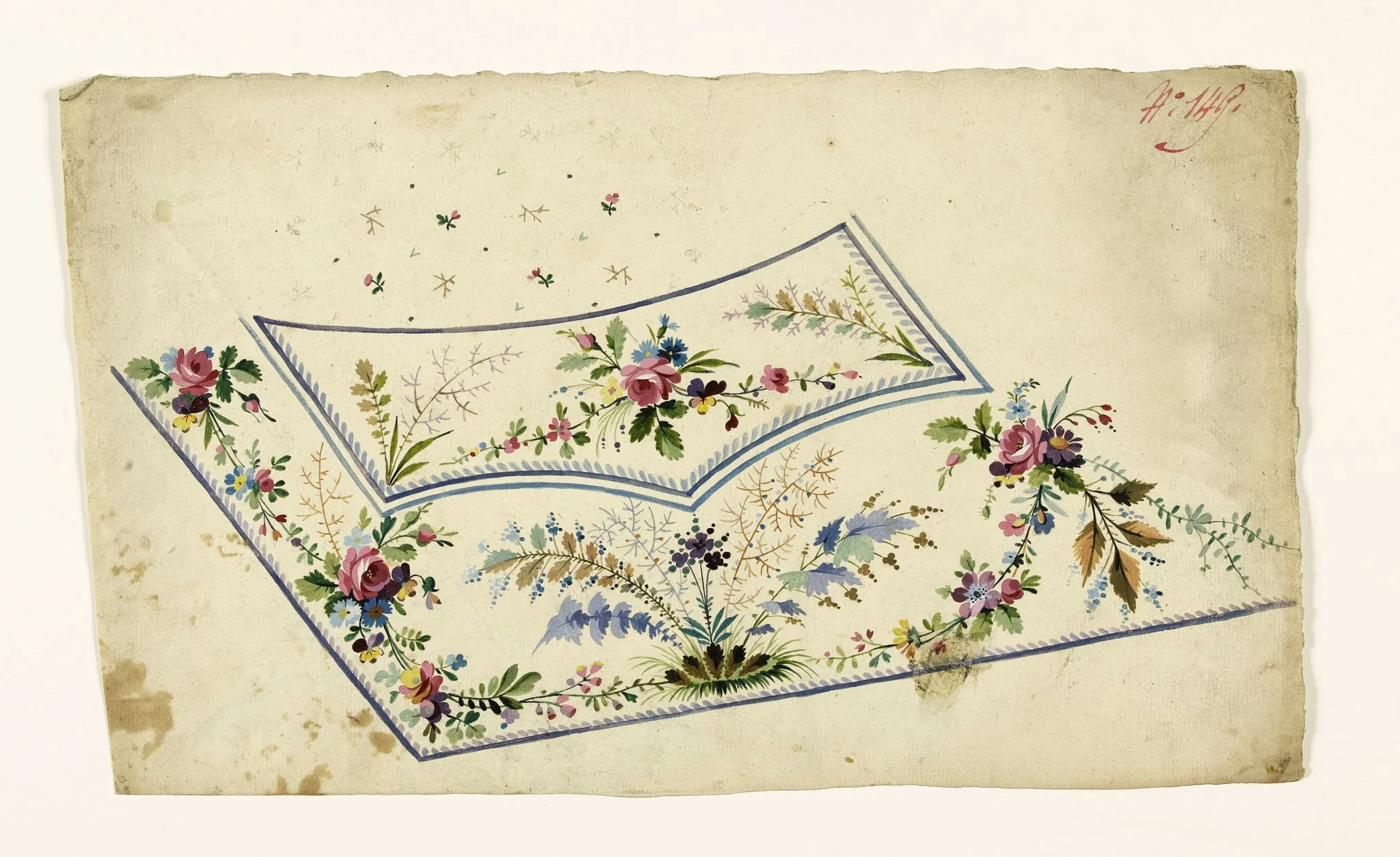 Composition de guirlandes de fleurs et branches de feuilles, projets de broderies de gilet, XVIIIème siècle, detail