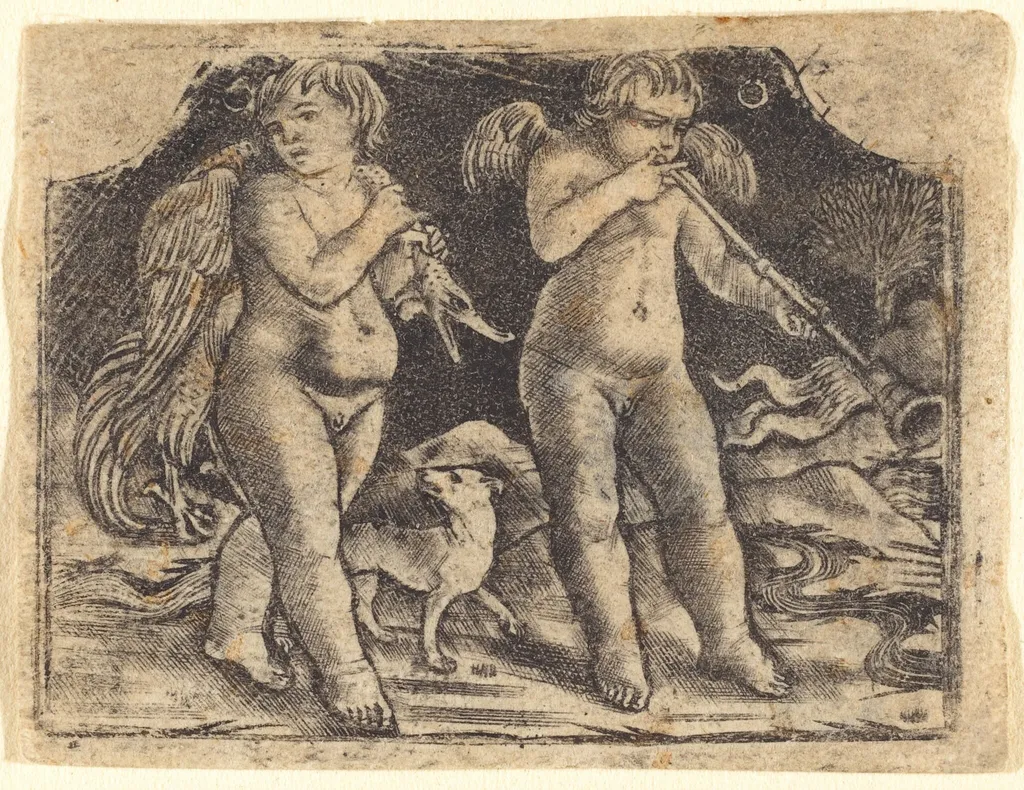 Cupid carrying a fowl accompanied by a dog, and another cupid playing a trumpet, by Maso Finiguerra, ink, 1450