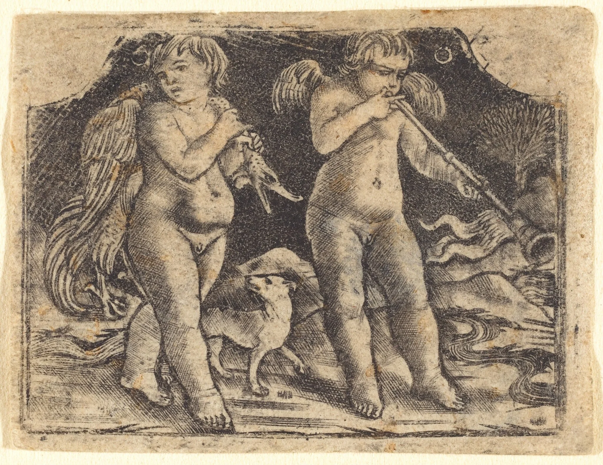 Cupid carrying a fowl accompanied by a dog, and another cupid playing a trumpet, detail