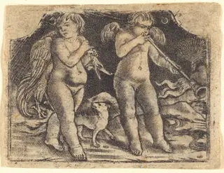 Cupid carrying a fowl accompanied by a dog, and another cupid playing a trumpet, by Maso Finiguerra, ink, 1450
