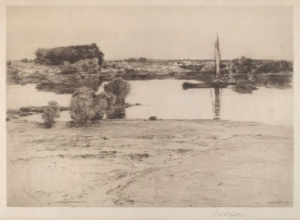 Untitled (River Scene with Boat), by Charles A. Platt, ink, 1891