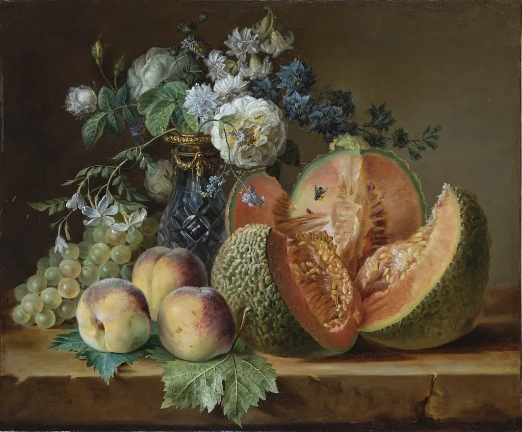 Still Life with a Vase of Flowers, Melon, Peaches, and Grapes, by Charlotte Eustace Sophie de Fuligny-Damas, oil, 1790
