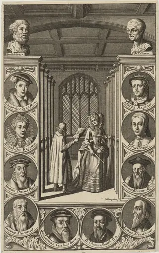Roger Assham and Mary Surrounded by MedallianPortraits, by Michael Burghers, ink, 1682