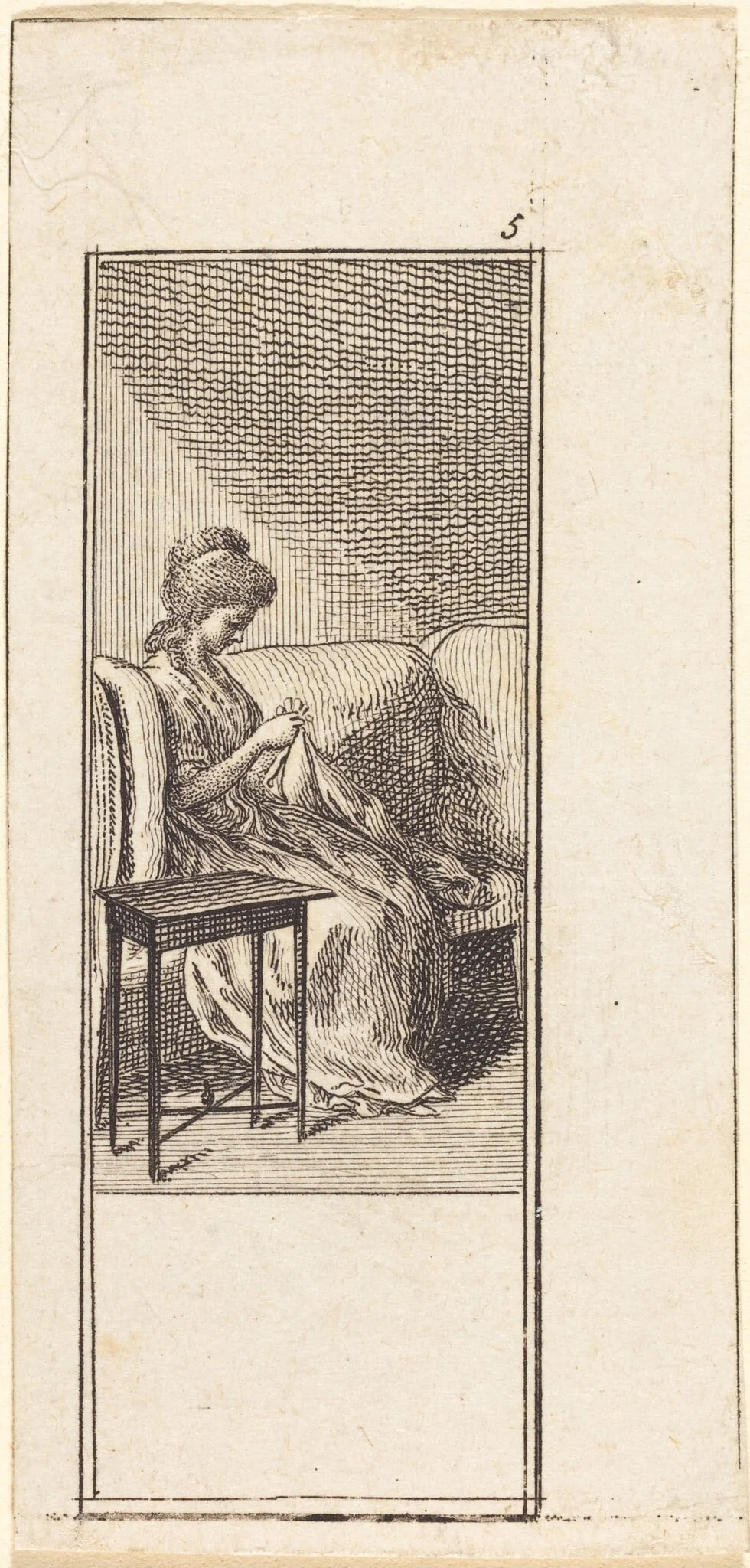 Girl Seated, Sewing, detail