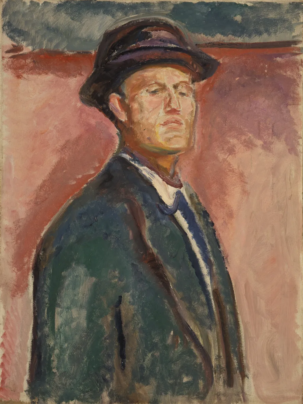 Self-Portrait with Hat, by Edvard Munch, oil, 1910