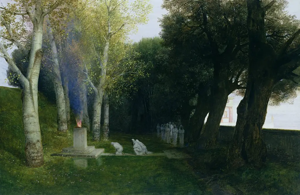 Sacred grove (II), by Arnold Böcklin, oil, 1894