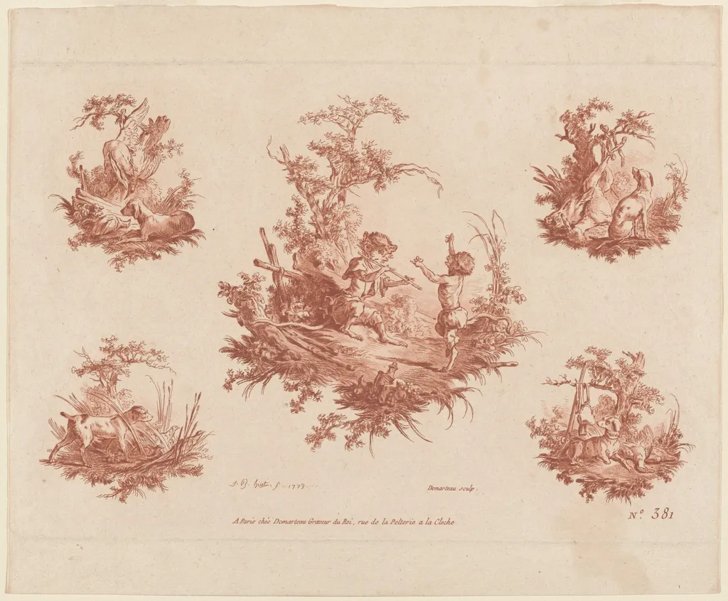 Singerie with Four Vignettes of Dogs Hunting, by Gilles Demarteau the Elder, chalk, 1773