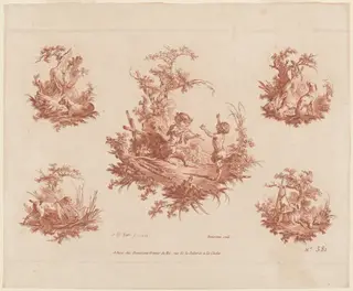 Singerie with Four Vignettes of Dogs Hunting, by Gilles Demarteau the Elder, chalk, 1773