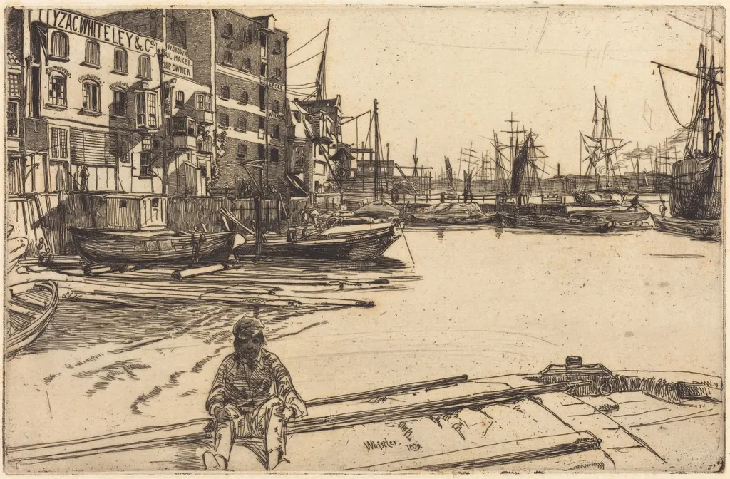 Eagle Wharf, by James McNeill Whistler, ink, 1859