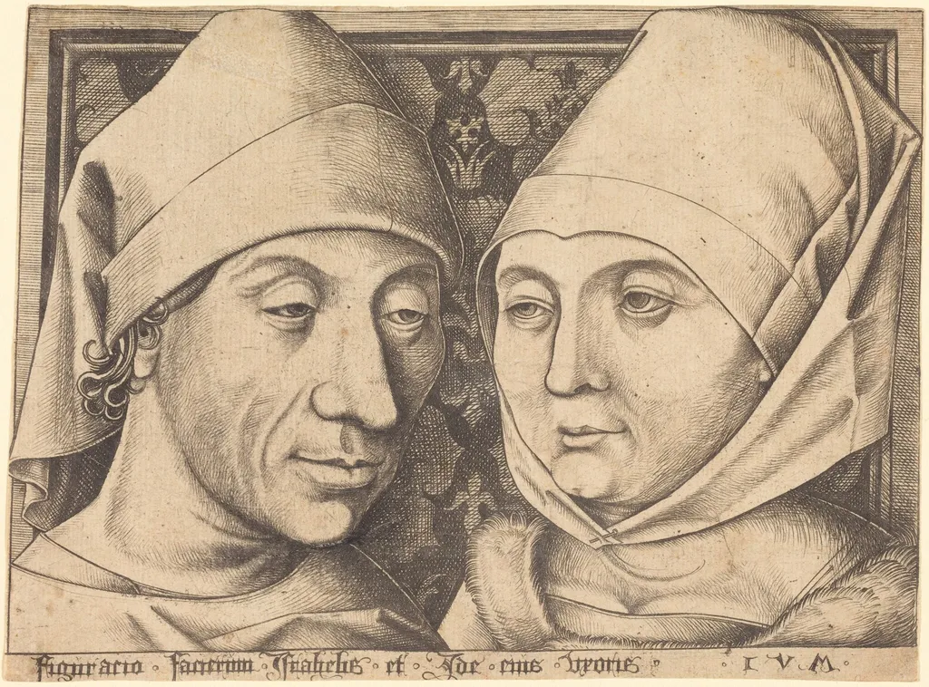 Double Portrait of Israhel van Meckenem and His Wife Ida, by Israhel van Meckenem, ink, 1490