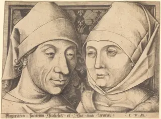 Double Portrait of Israhel van Meckenem and His Wife Ida, by Israhel van Meckenem, ink, 1490