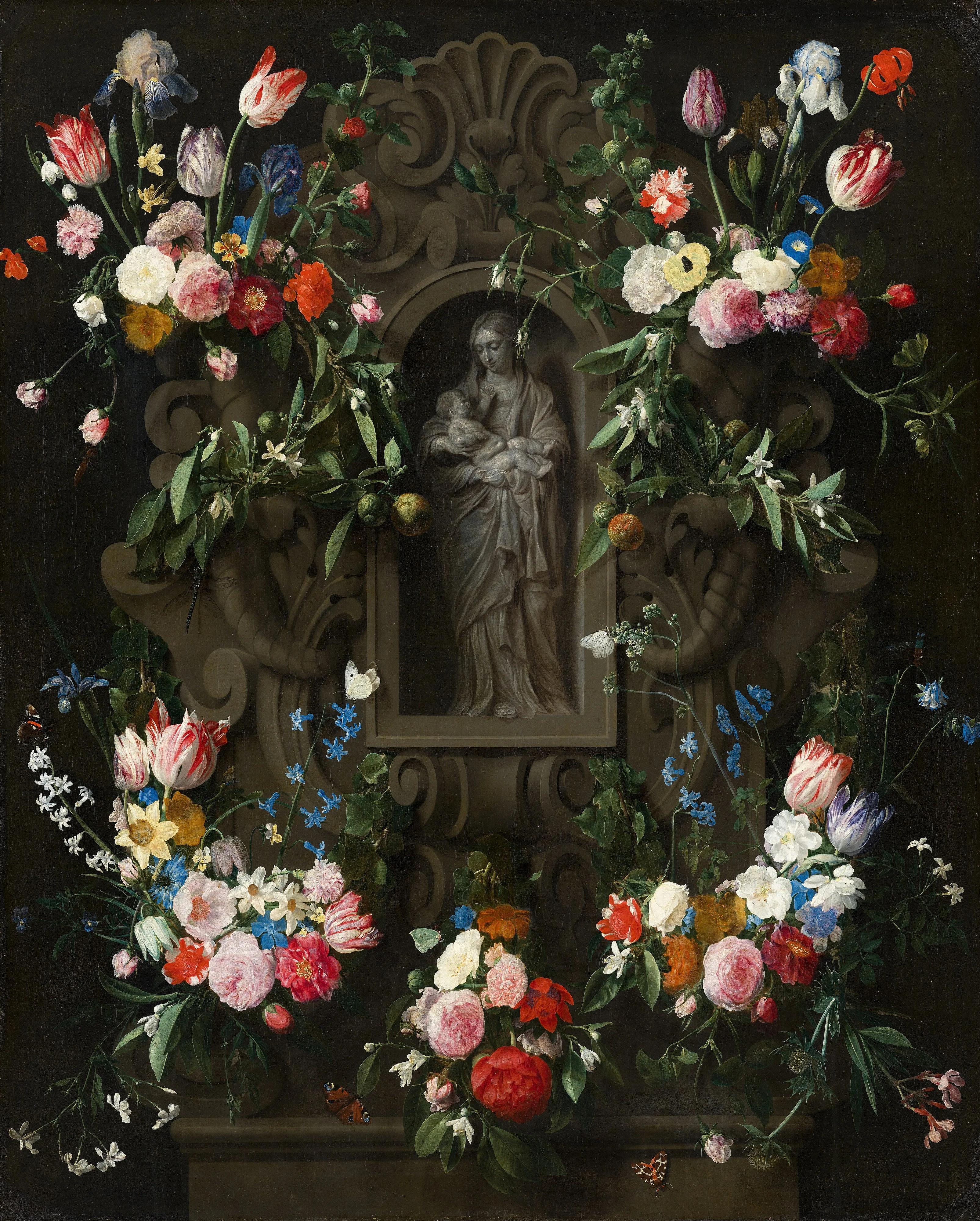 Garland of Flowers surrounding a Sculpture of the Virgin Mary, detail