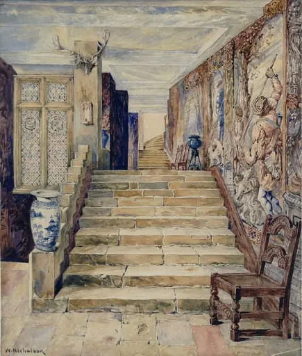 Staircase at Thorpe Ash Hall, by William Nicholson, watercolor, 1850