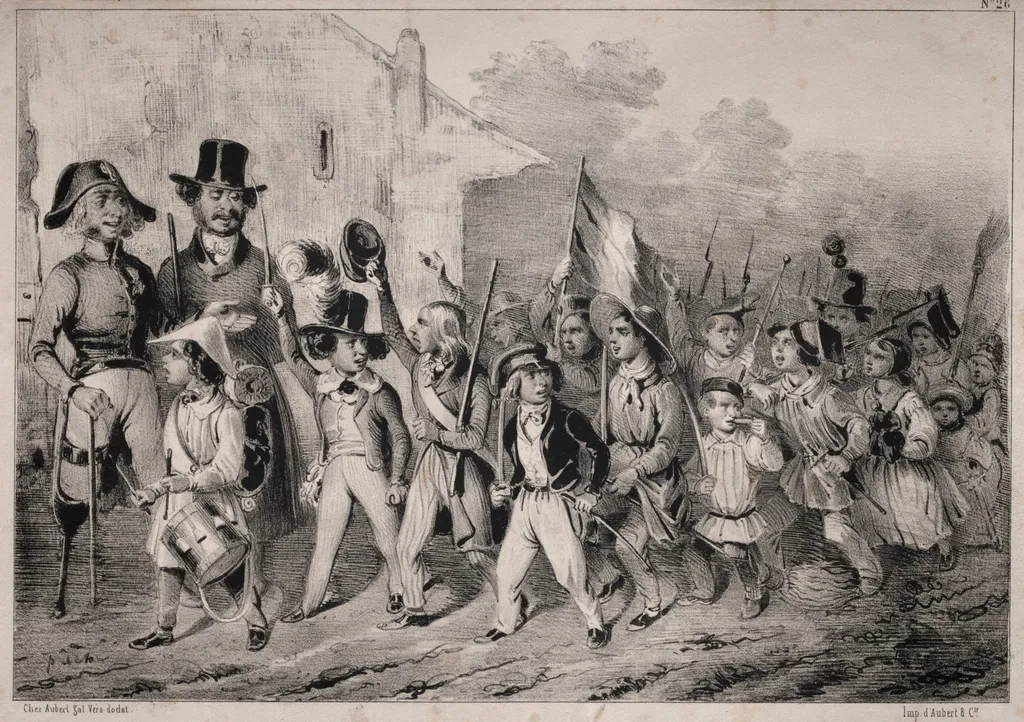 Actualités:  Bon!  Les moutards en veulent sussi!  quand on parle de guerre!  comme toute ca prend feu! ... On voit que c'est de la plante indigène!... ca promet!!, by Clémente Pruche, 1840