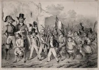 Actualités:  Bon!  Les moutards en veulent sussi!  quand on parle de guerre!  comme toute ca prend feu! ... On voit que c'est de la plante indigène!... ca promet!!, by Clémente Pruche, 1840