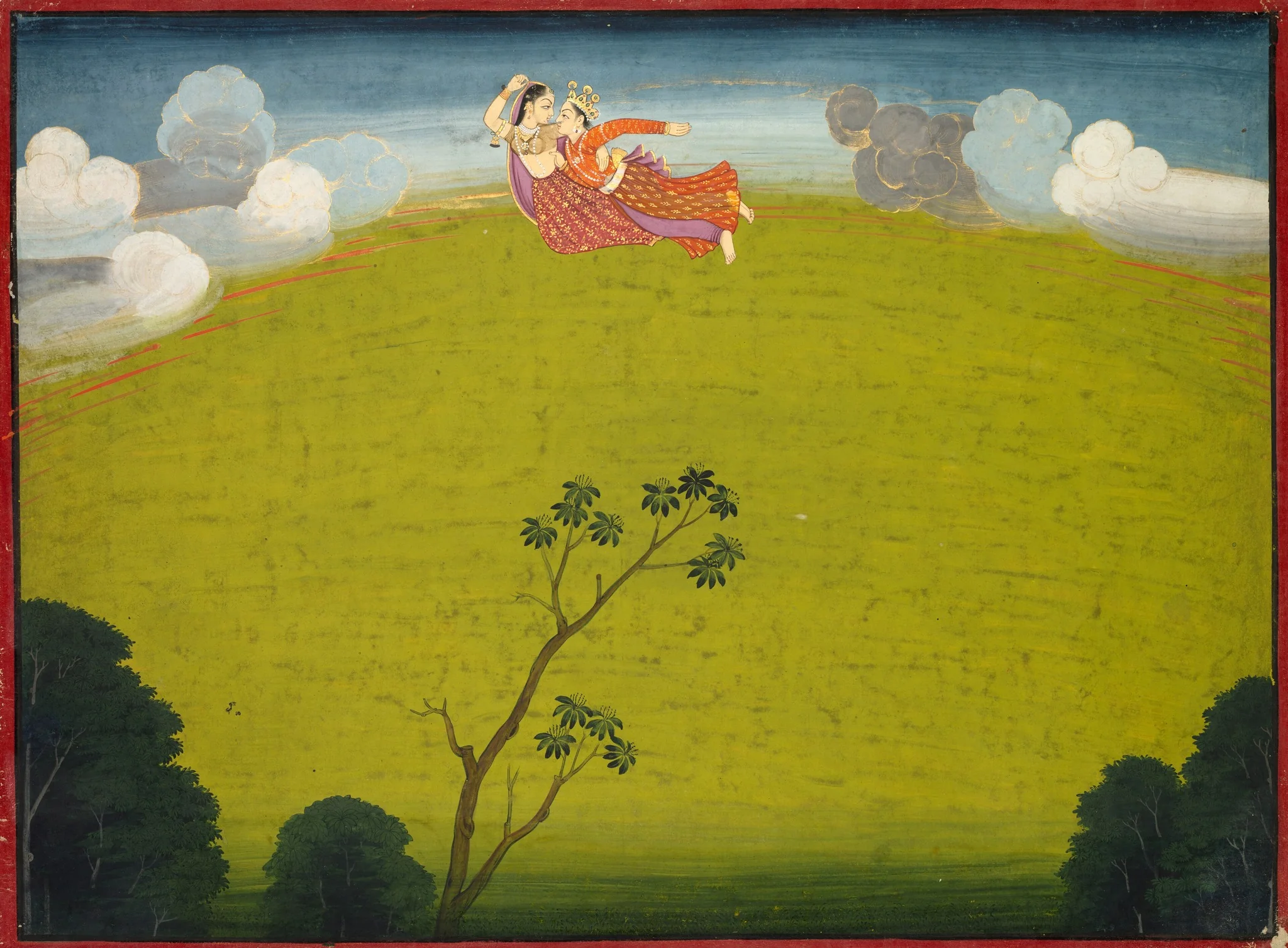 Pradyumna and Mayavati Fly to Dvaraka, from the Large Basohli Bhagavata Purana, detail