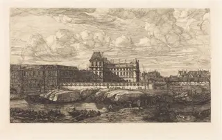 L'ancien Louvre d'après une peinture de Zeeman, 1651 (The Old Louvre, from a Painting by Zeeman, 1651), by Charles Meryon, ink, 1866