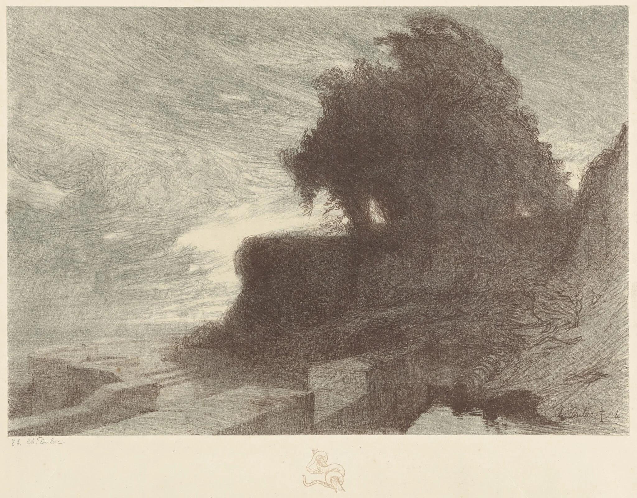 Landscape with Trees on a Bluff and a Snake Remarque, detail