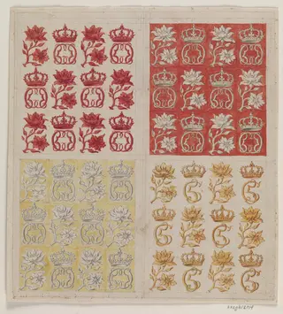 4 stofmønstre med Christian V's monogram, i varierende farver