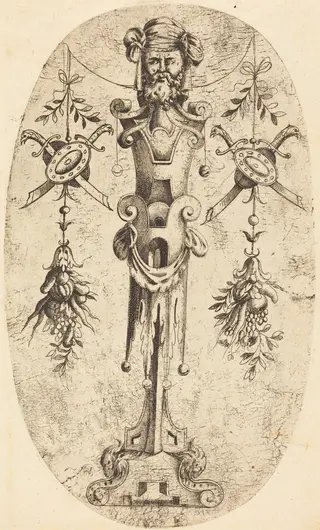 Bearded Head on a Pedestal, by Jean Mignon, ink