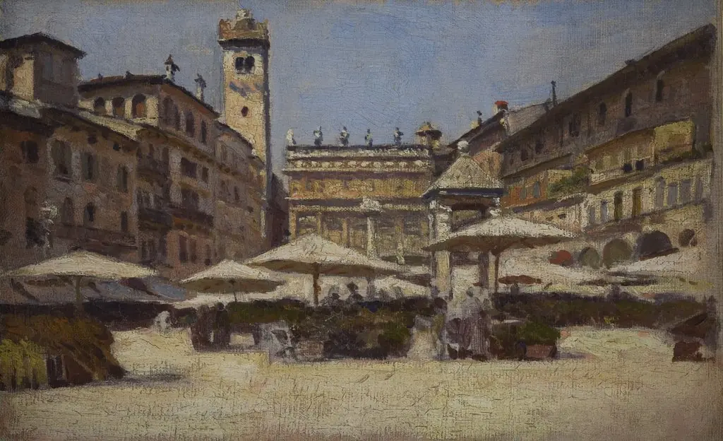 Piazza delle Erbe in Verona, by Aleksander Gierymski, unspecified, 1900