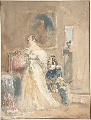 The Proposal (recto); Unfinished drawing of a horse and rider (verso), by Richard Parkes Bonington, graphite, 1820