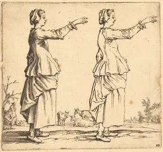Peasant Woman, in Profile, Facing Right, with Arm Extended, by Jacques Callot, ink, 1622