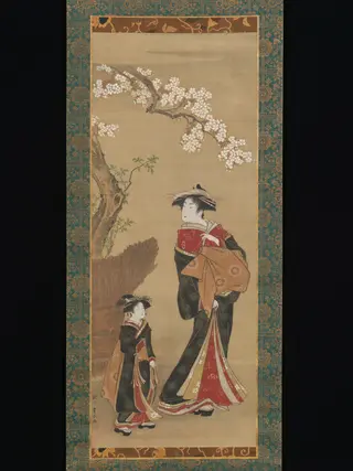 Courtesan and her Attendant under a Cherry Tree, by Utagawa Toyoharu, unspecified