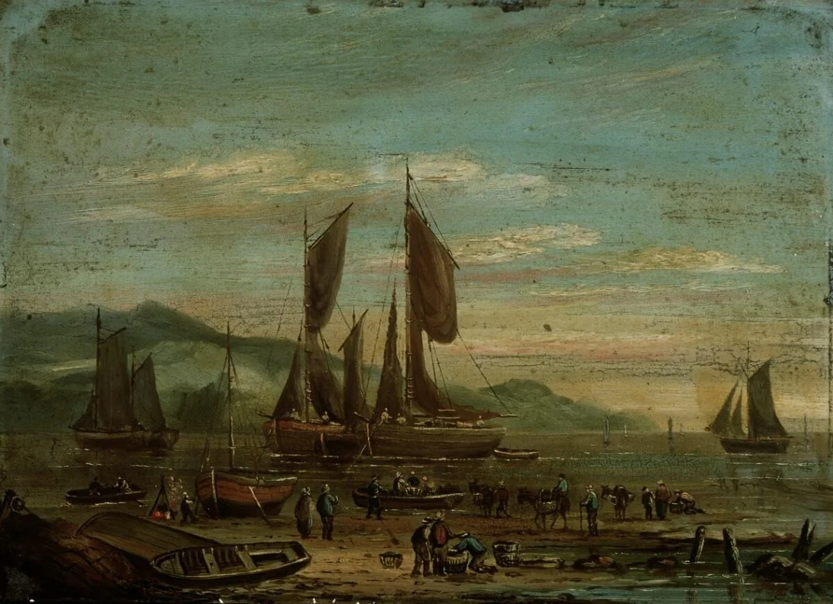 Coastal scene with shipping, detail