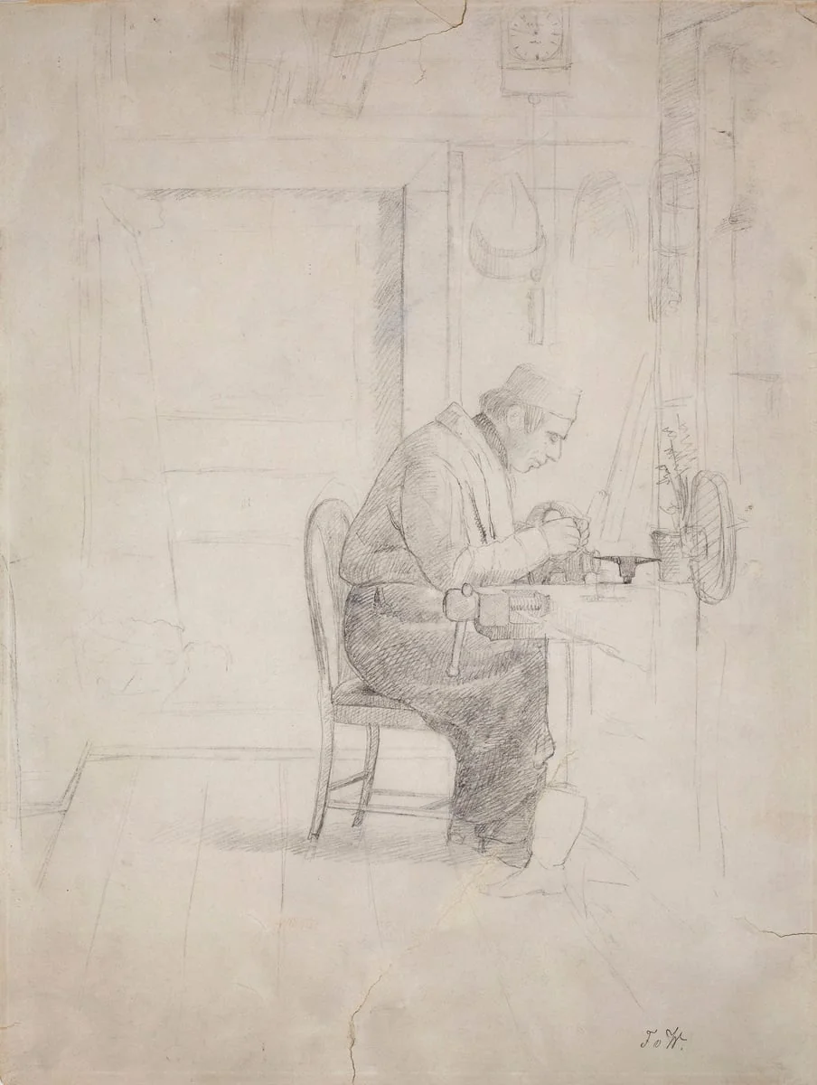 Wilhelm von Wright höyläpenkin ääressä, piirustus "Mariebergin verstas" -maalausta varten, detail