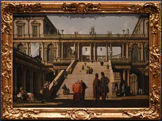 Veduta Ideale with Palace Staircase, by Bernardo Bellotto, oil, 1762