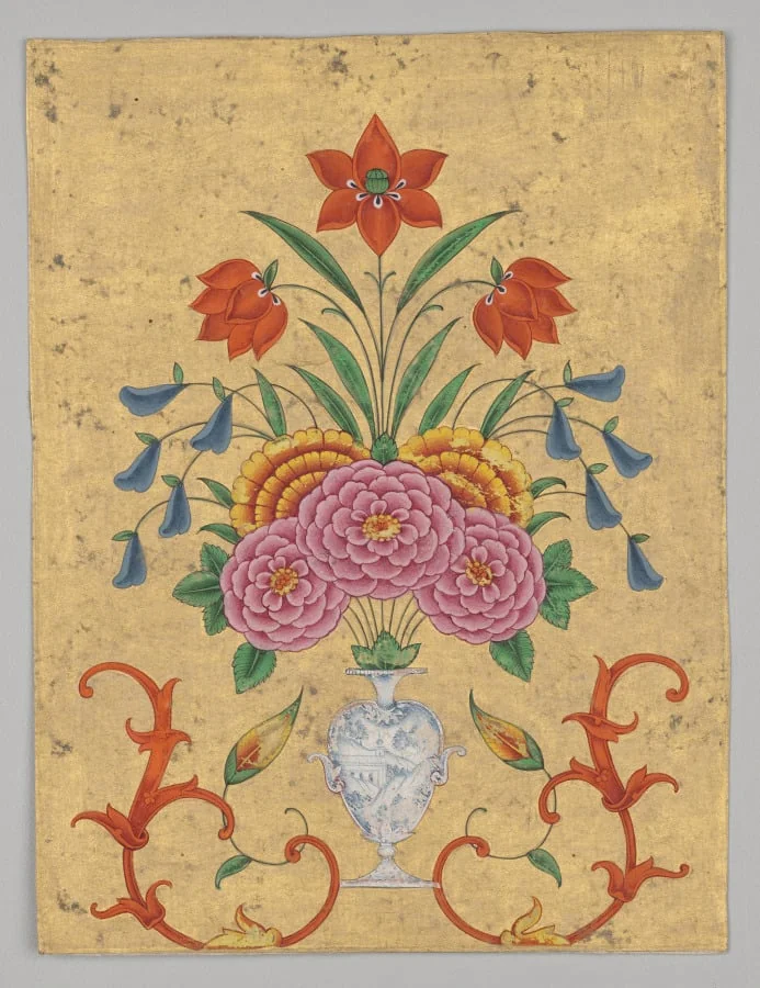 Vase with flower arrangement and scrollwork, detail
