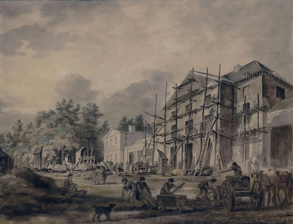 The Construction of Southill, Bedfordshire, by Gilpin, watercolor, 1797