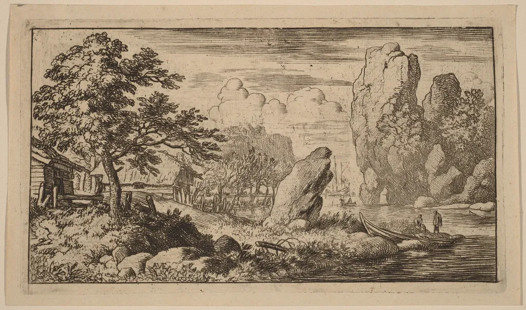 Pointed Boulder at the Bank of a River, by Allart van Everdingen, ink, 1650