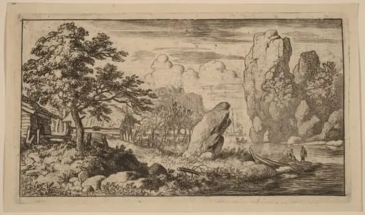 Pointed Boulder at the Bank of a River, by Allart van Everdingen, ink, 1650