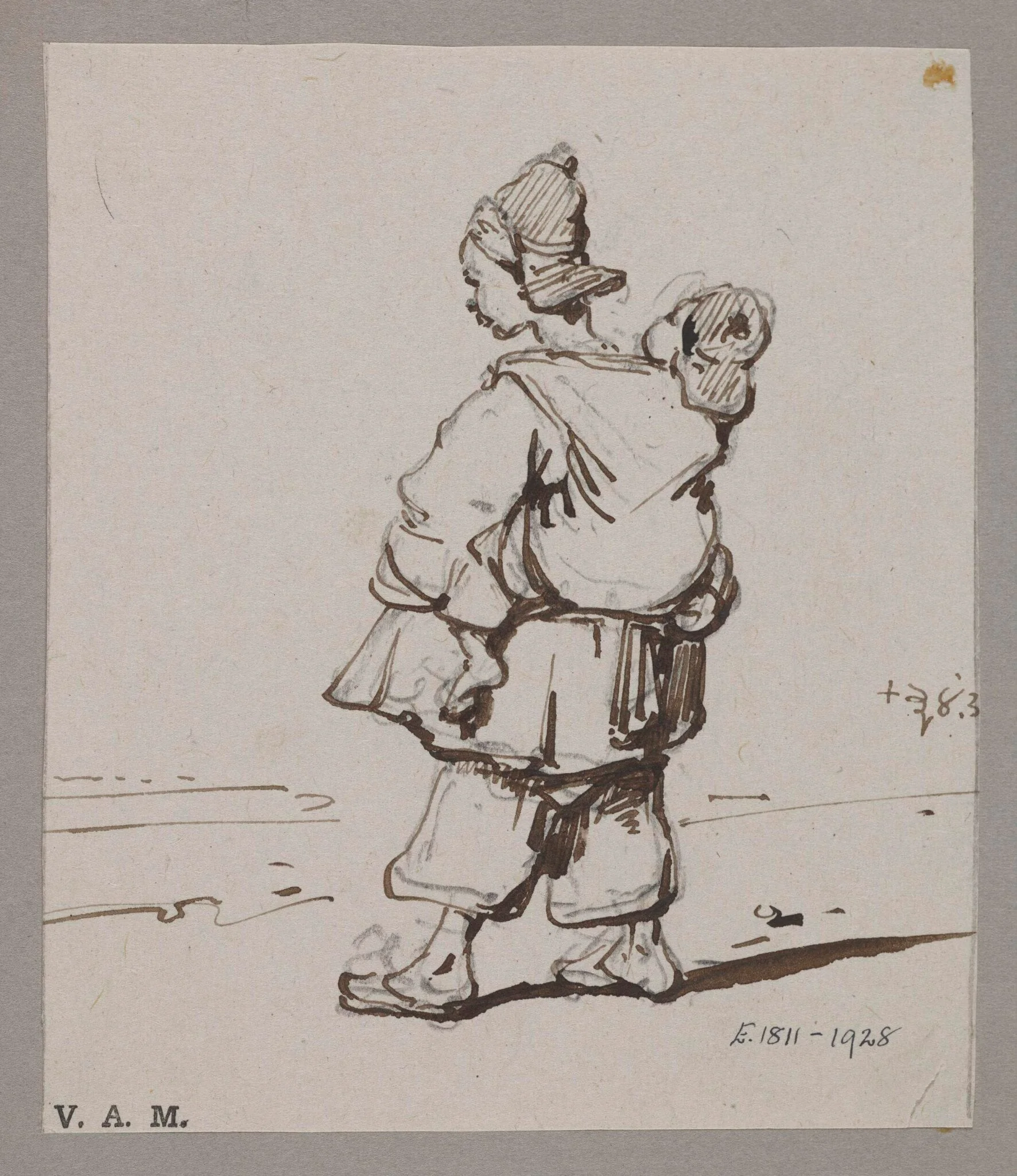 A Chinese child carrying another, detail
