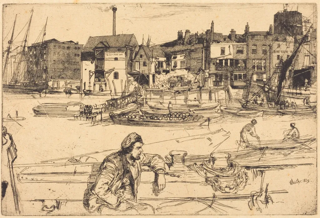 Black Lion Wharf, by James McNeill Whistler, ink, 1859