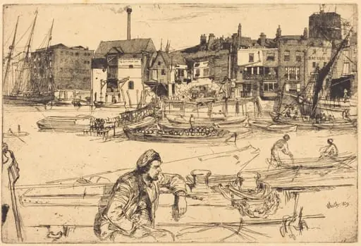 Black Lion Wharf, by James McNeill Whistler, ink, 1859