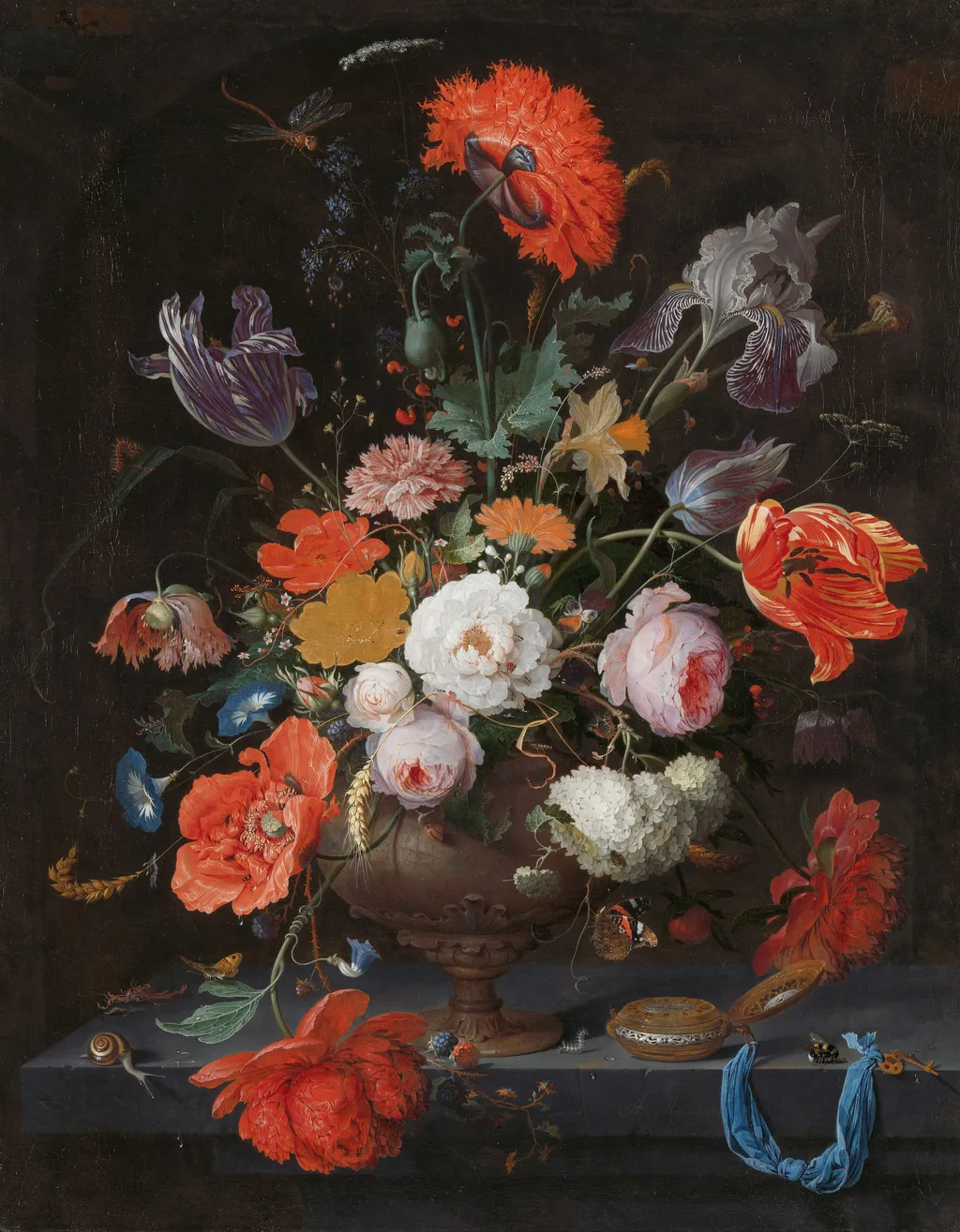 Still life with flowers and a watch, by Abraham Mignon, oil, 1669