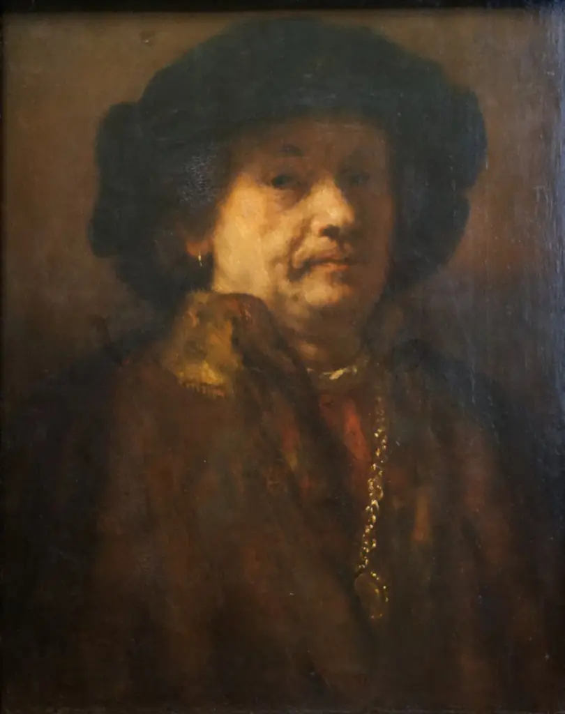 Self-portrait in a fur coat with gold chain and earring, by Rembrandt, oil, 1655