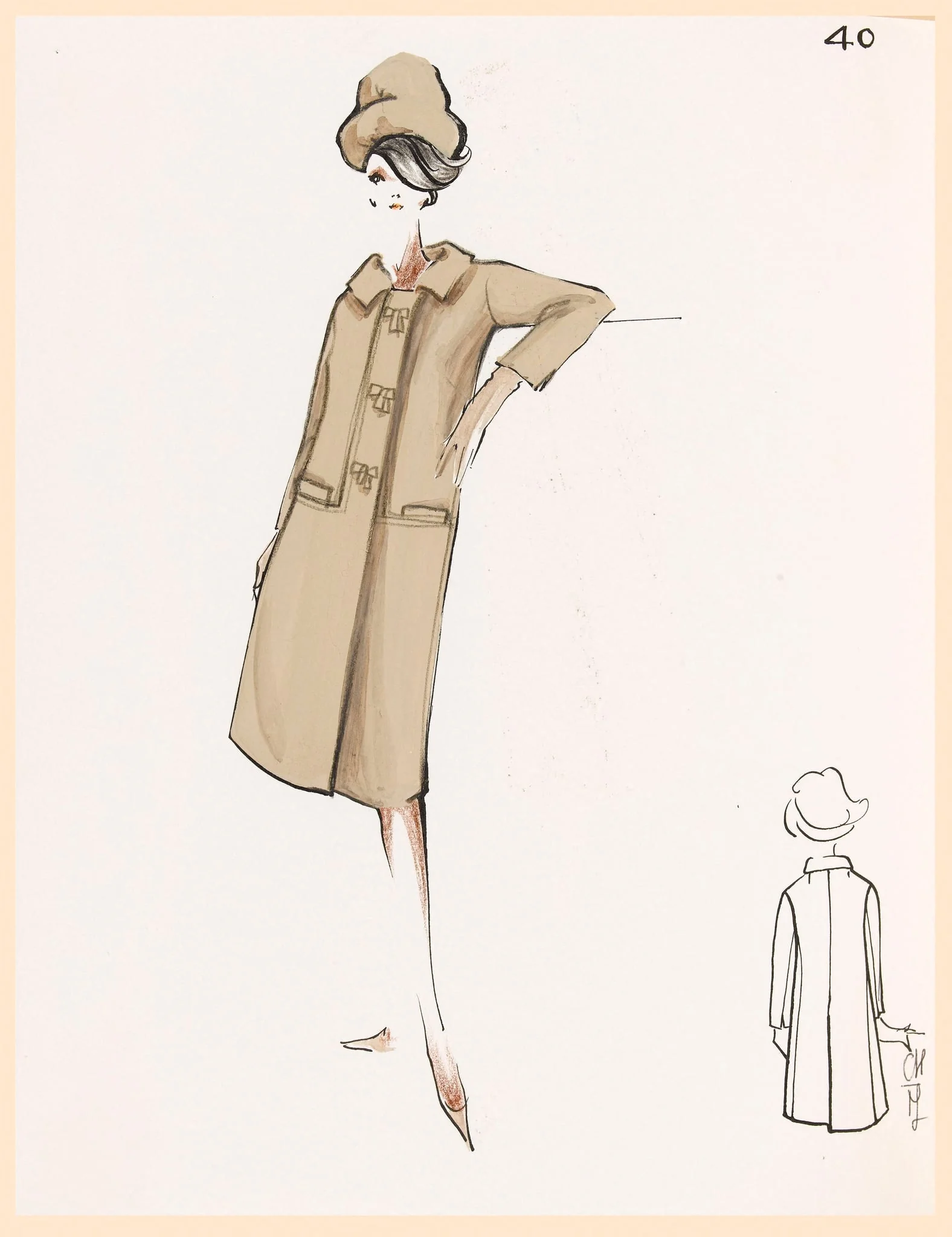 Manteau beige et chapeau assorti, detail